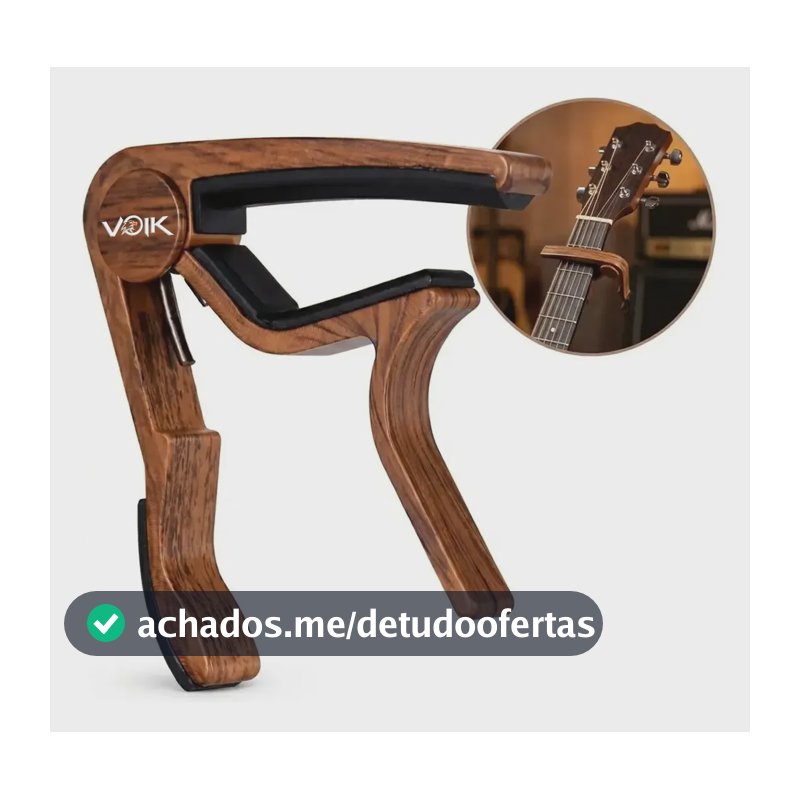 Capotraste Para Violão Guitarra Ukulele Banjo Bandolim Voik CAPO WOOD Em Alumínio Cor Marrom Imita Madeira Acabamento em Borracha Especial
