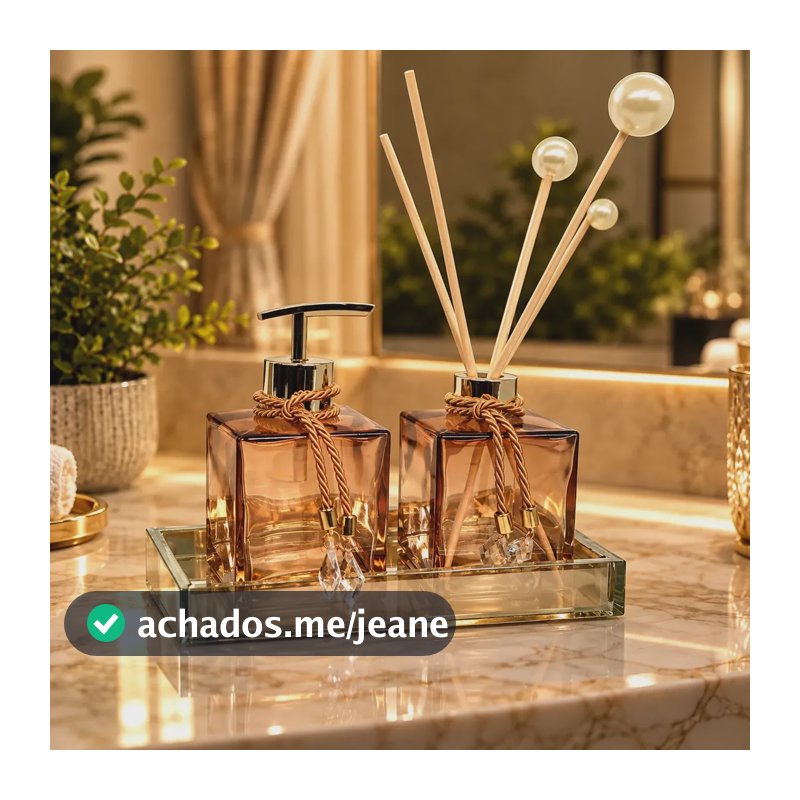Kit Lavabo Completo Banheiro Com Bandeja Luxo Vidro Decoração Difusor Saboneteira Aromatizador Decorado Presente Elegante