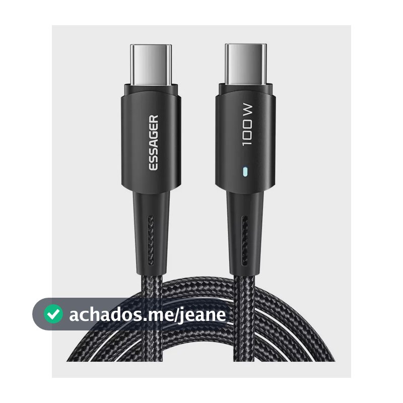 Cabo USB Tipo C Essager 50cm PD 100W Carga Rápida QC 4.0 Preto