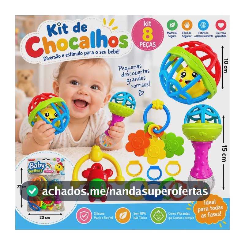 Kit Chocalho Para Bebê ,para Bebe Recem Nascido De 8 Peças Mordedor Brinquedo Educativo Infantil Sensorial Colorido Com Slicone Movimento Diverso Corolido