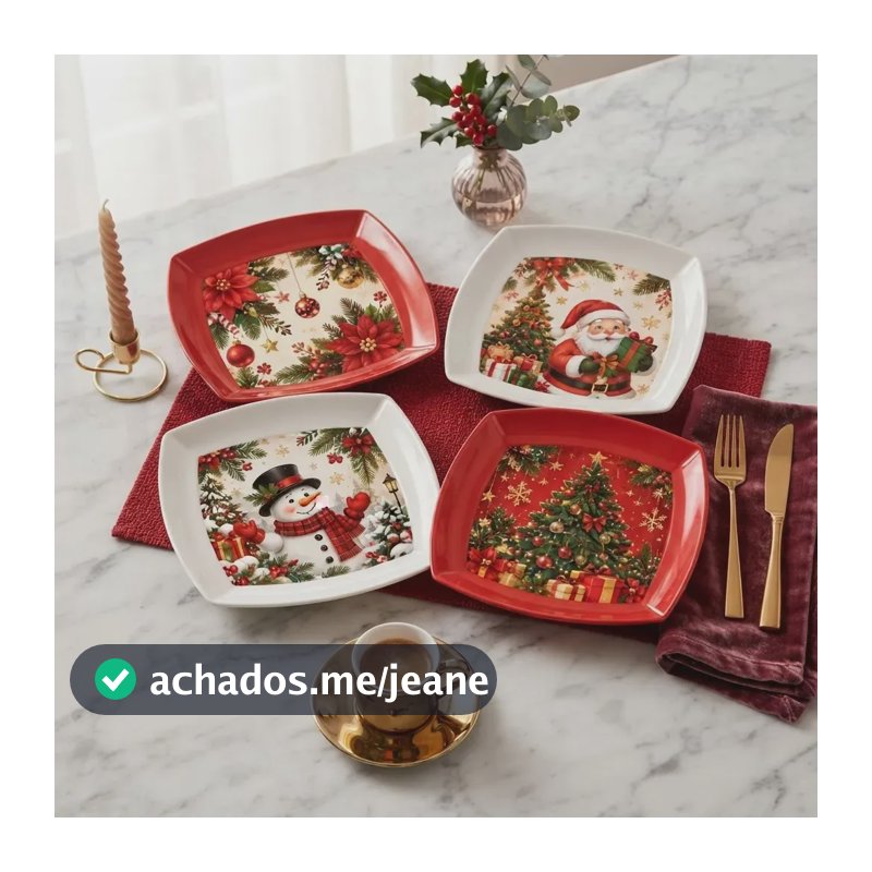 Jogo 6 Pratos Natalino Grande 26cm Refeição Travessa Plástico Reutilizável Estampas Natal Sortida Branca e Vermelha