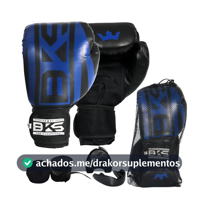 Kit Boxe Muay Thai Bks Profissional Luva + Bandagem + Bucal Cor Azul Tamanho 14oz
