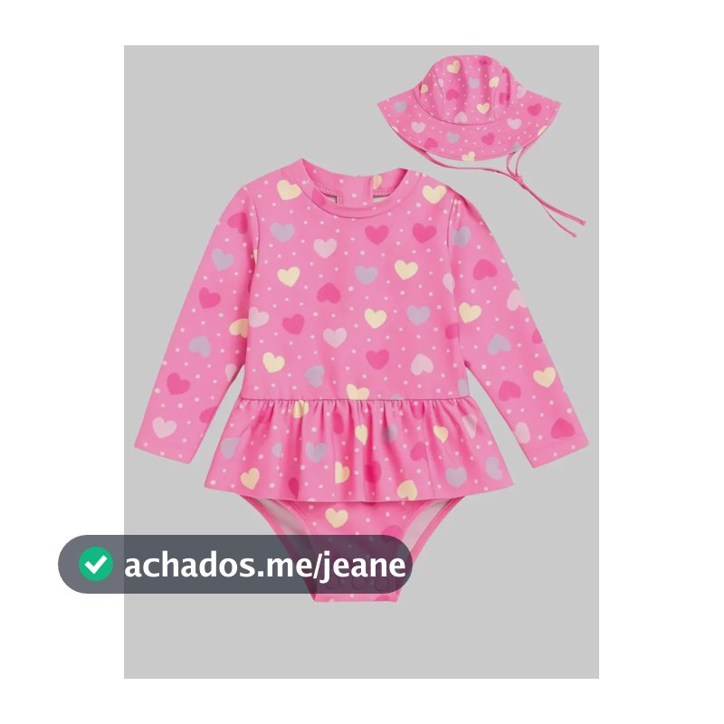Maiô Infantil Uv Manga Longa Com Chapéu Proteção Solar Uv Rosa Coração 1 Ano