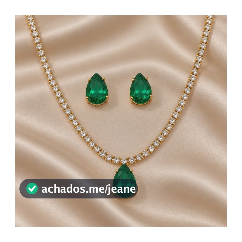 Conjunto Feminino Colar Brinco Dourado Gota Verde Esmeralda Riviera Banhado Ouro 18 Semi Joia Festa Dourado Semi Joia Premium Banhada A Ouro 18k