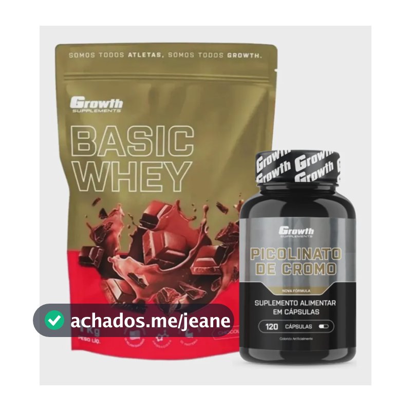 Kit Whey Protein Basic 1kg Chocolate + Cromo Picolinato 120 Cápsulas Growth
