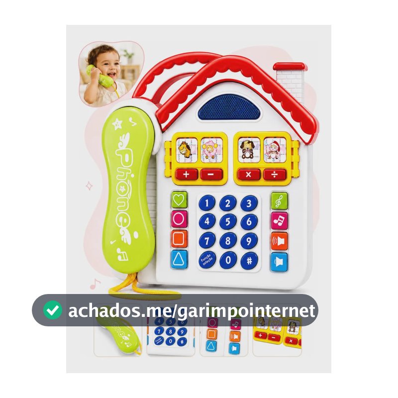 Telefone Infantil de Brinquedo Musical Casinha Divertida com Luz e Som Teclado Numérico Notas Musicais Sons de Animais e Fone Preso por Cordão Brinquedo Educativo Kizumba