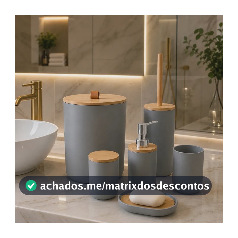 Kit Acessórios Banheiro 6 Peças Lixeira Escova Sanitária Dispenser Sabão Líquido Porta Escova Dente Saboneteira Cor Cinza
