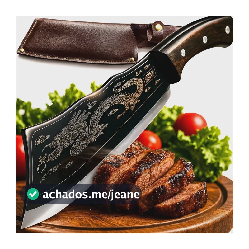 Faca Cutelo Dragão Artesanal Luxo Full Tang Rústica Ultra Afiada Aço Inox Com Bainha Churrasco Pesca Cozinha Carne Sushiman Cutelaria Coleção 12 Polegadas