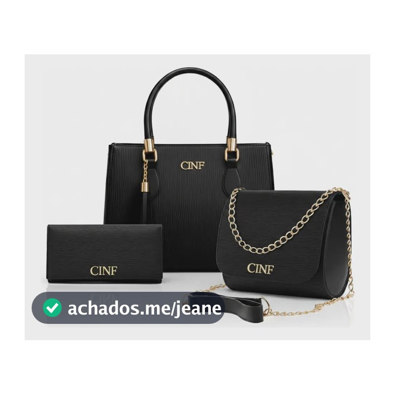 Kit Com 3 Peças Bolsas Feminina Transversal Média Tira Colo Carteira Cor Preta Cinf
