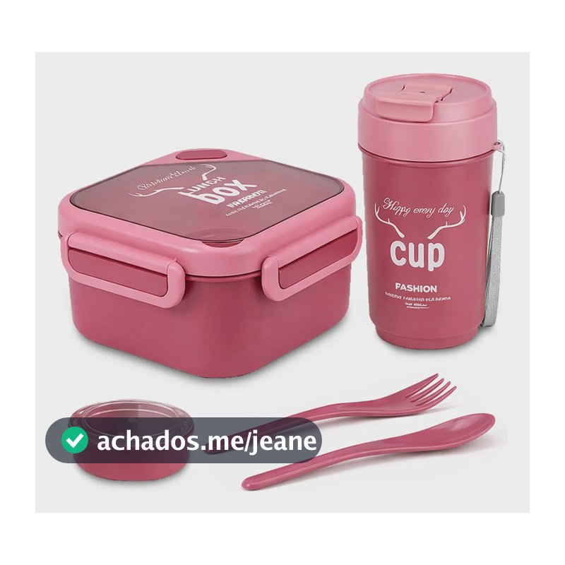 Kit Marmita Copo Talheres Tampa Trava Hermética Lancheira Rosa