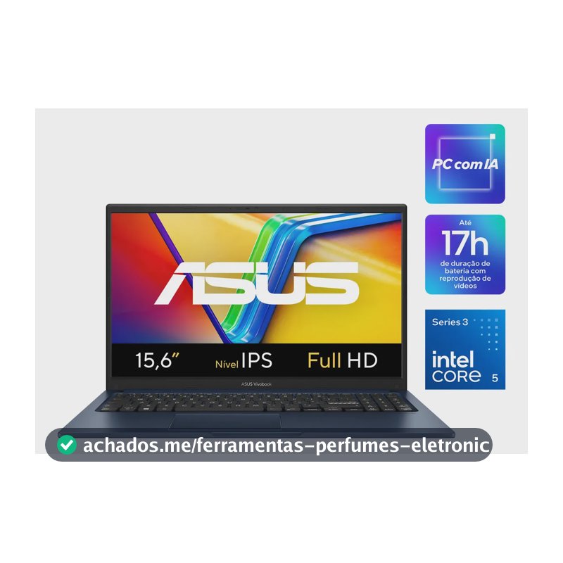 Notebook ASUS Vivobook 15, AI PC, Intel Core 5, 8GB RAM, 256GB SSD, W11 Home, Tela 15.6'' IPS FHD, Quiet Blue - X1504MA-BQ299W