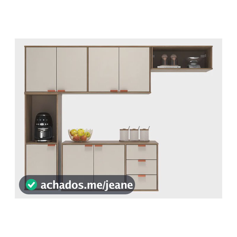 Armário De Cozinha Suspenso Compacto 7 Portas 3 Gavetas Off White Madeirado Estilo Nórdico Romeu
