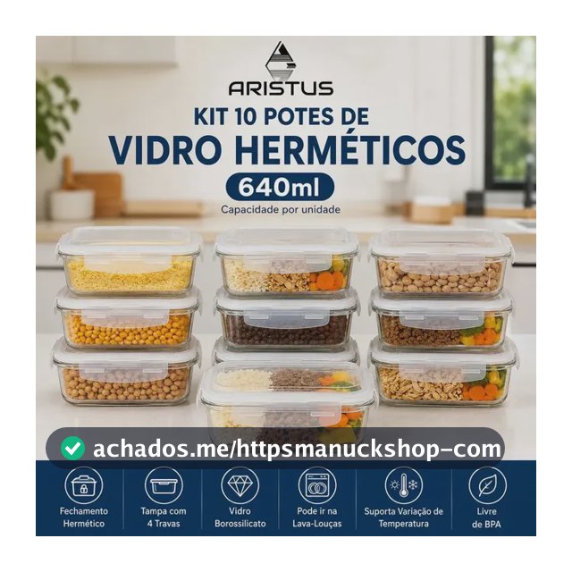 Kit 10 Potes Vidro Hermético Aristus 640ml Marmita Anti Vazamento Forno Micro-ondas Freezer Tampa 4 Travas - Branco