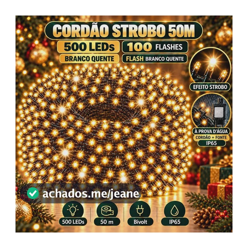 Strobo Pisca Pisca Cordão Natal 500 Leds 50m Prova D'Água Bivolt Branco Quente 100 Flash Branco Quente Decoração Enfeite Natal LuvinCo