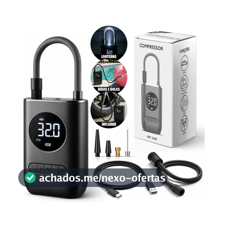 Mini Compressor de Ar Digital Portátil Recarregável USB-C Lumi para Pneus de Carro, Moto e Bicicleta Inflador Elétrico de Bolas e Infláveis Display LCD Alta Pressão Sem Fio Preto