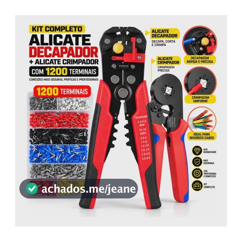 Alicate Crimpar Prensa Terminal Tubular Decapar Descascador Crimpador Ilhós 0,25 Até 10mm Kit Eletricista Profissional