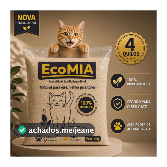 Areia Higienica Sanitaria Para gatos 4kg Biodegradavel EcoMia 100% Natural Sustentavel Sem Levantar Poeira Zero Odor Graos Finos Torroes Firmes Feita de Mandioca