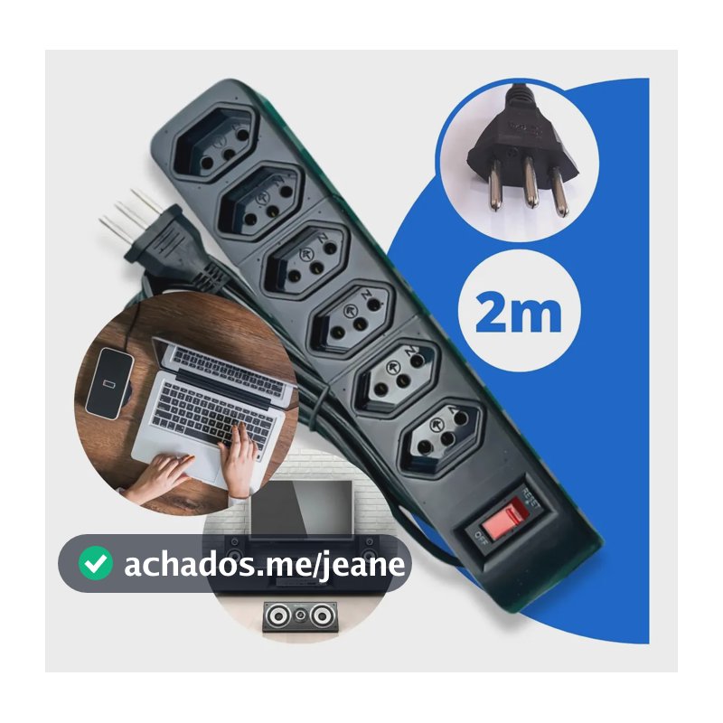 Filtro de Linha Régua extensão 6 Tomadas 10A Cabo 2m Prot. Sobretensão Preto Bivolt