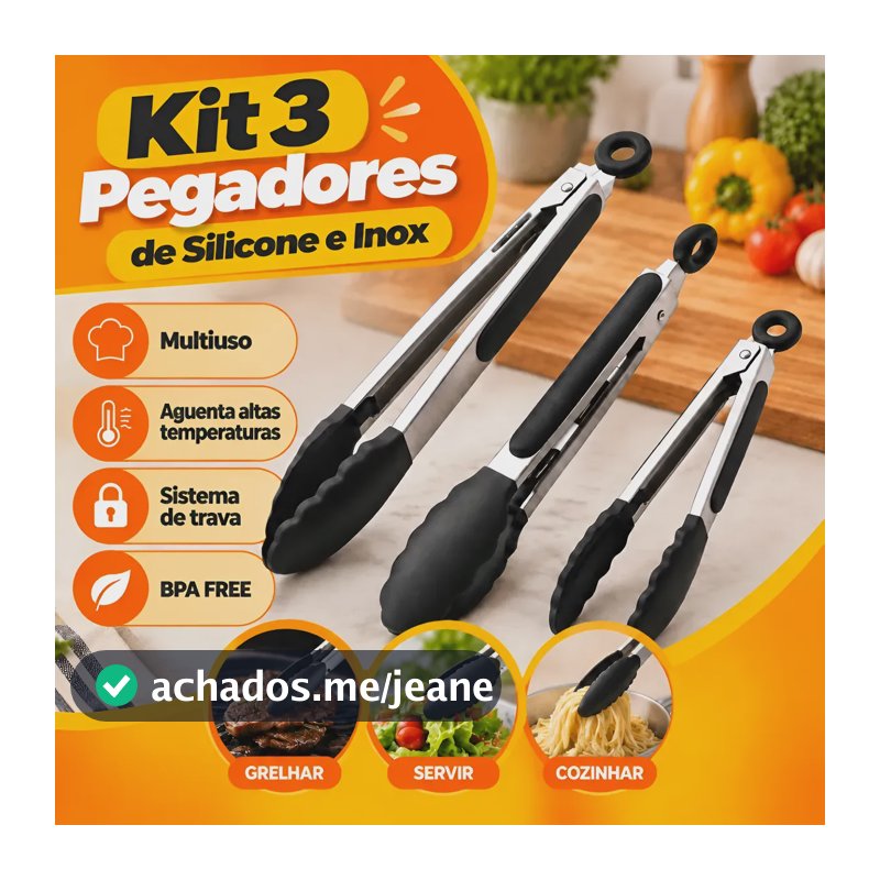Kit 3 Pegador Pinças Silicone Inox Churrasco Salada Cozinha Preto