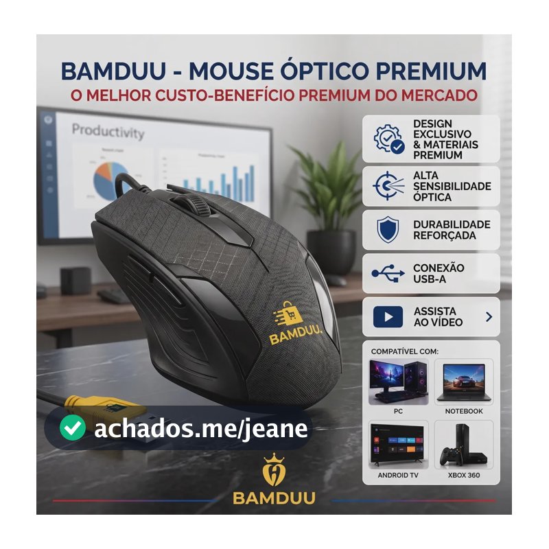 Mouse Óptico BAMDUU USB Com Fio Para Notebook e Escritório, Preto
