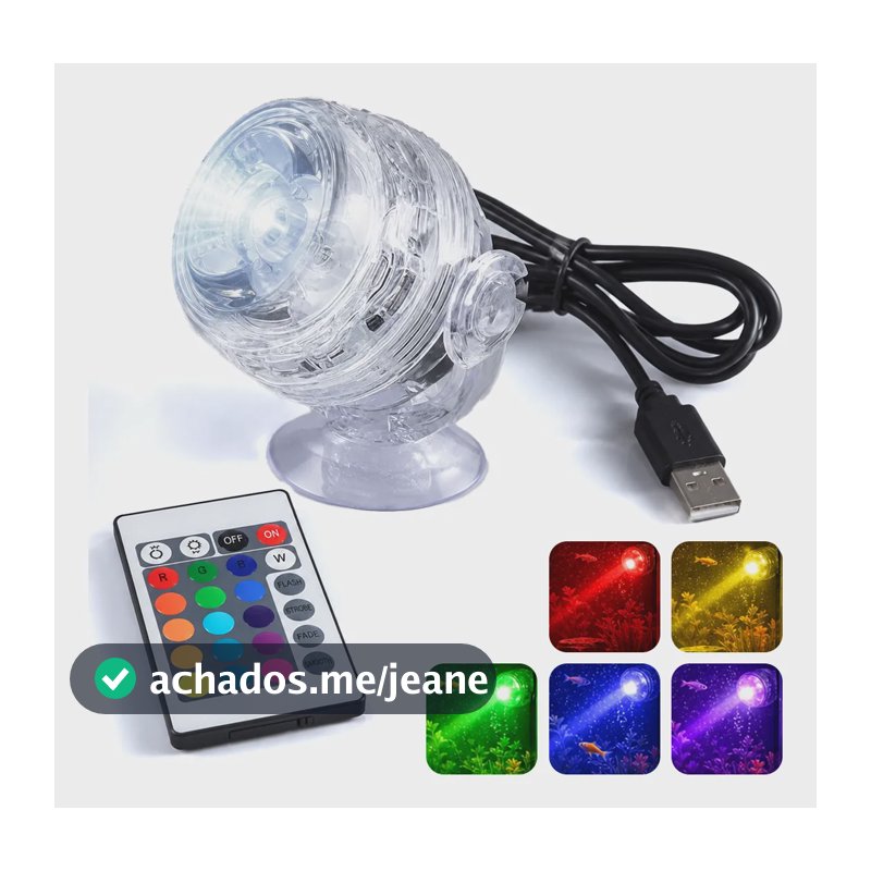 Luminária Led Rgb Submersível Aquário Com Controle Remoto 5v Branco