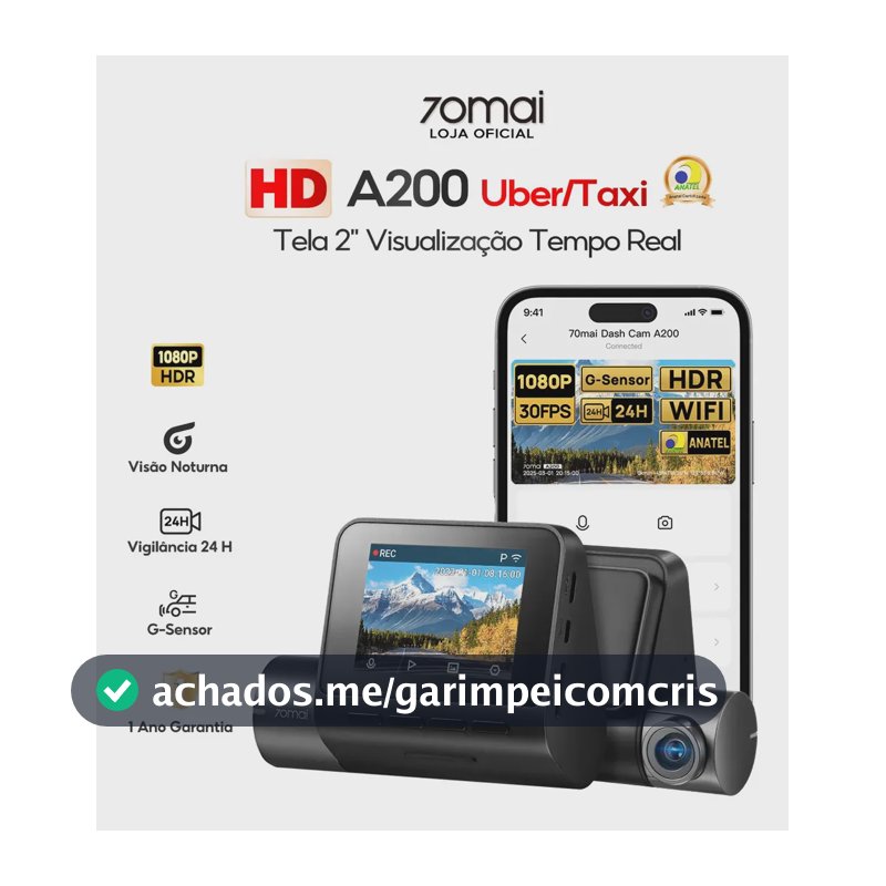 Câmera Veicular Automotiva 70mai A200 2'' Tela HD 1080P Hdr Wifi 60fps Ângulo 130 Camera para Carro 24h Visão Noturna com App G-sensor Vigilância de Estacionamento 24H Gravação de Emergência