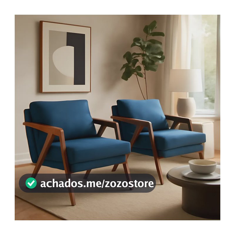 Kit 2 Poltronas Decorativa Mona Luxo Linho Base Madeira Cor Linho Azul