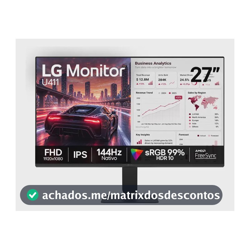 Monitor LG FHD Gamer & Office tela IPS 27”, 1ms (MBR), 144Hz Nativo, FreeSync, HDR10, sRGB, Modo leitura, Flicker Safe, HDMI, Black Stabilizer, Dynamic Action Sync, Preto - 27U411B
