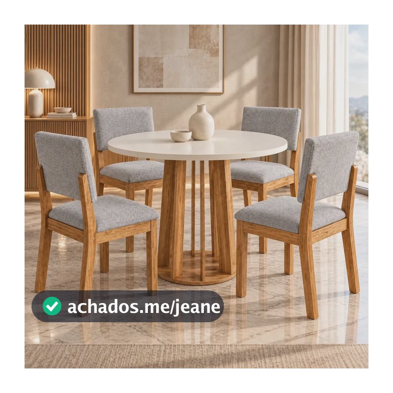 Conjunto de Mesa Jantar Redonda Melody de 90 cm com 4 Cadeiras Bell estofadas em Linho Inox – Design Moderno