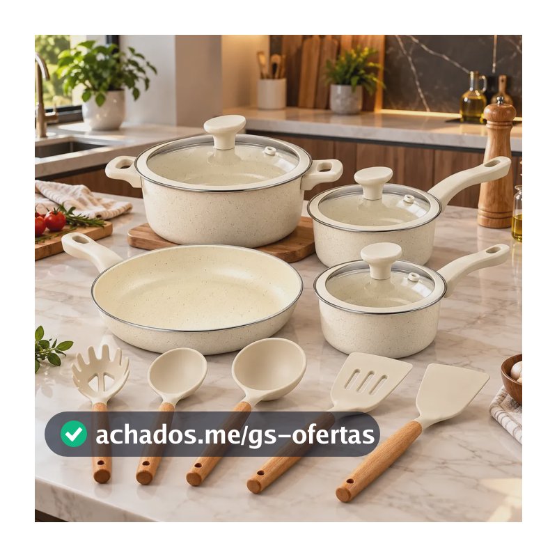 Jogo De Panelas Genebra Cerâmica 12 Pçs Antiaderente Indução Creme