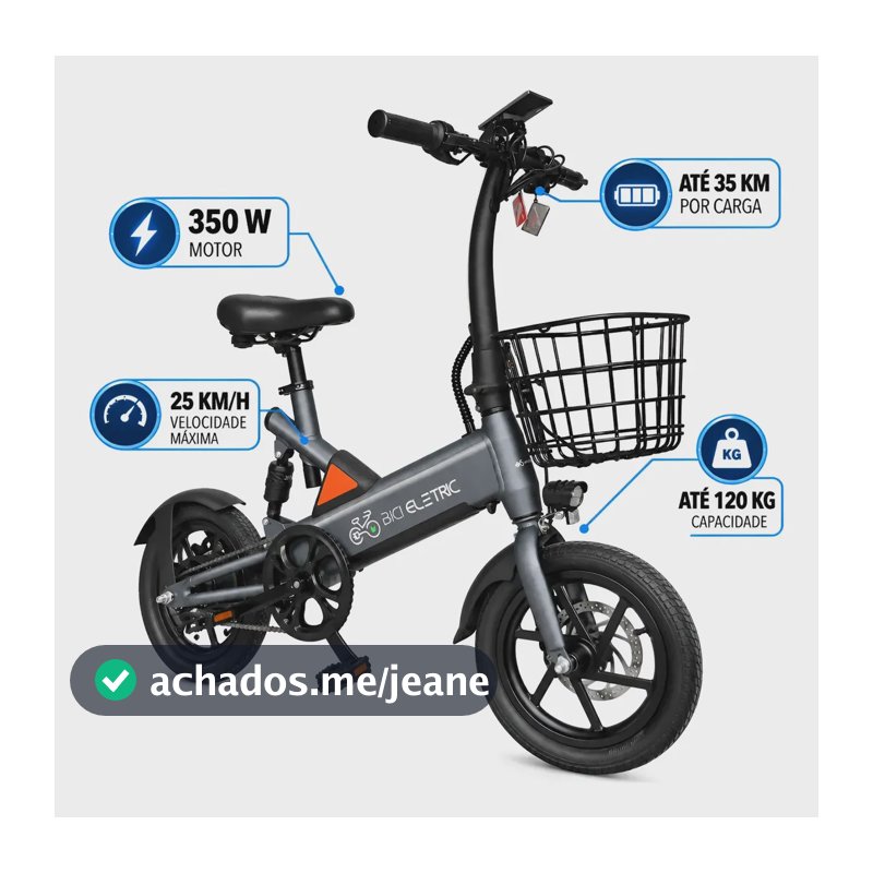 Bicicleta Eletrica Aluminio 350w Aro 14 25km/h Bateria 36v8a Cinza-escuro 14