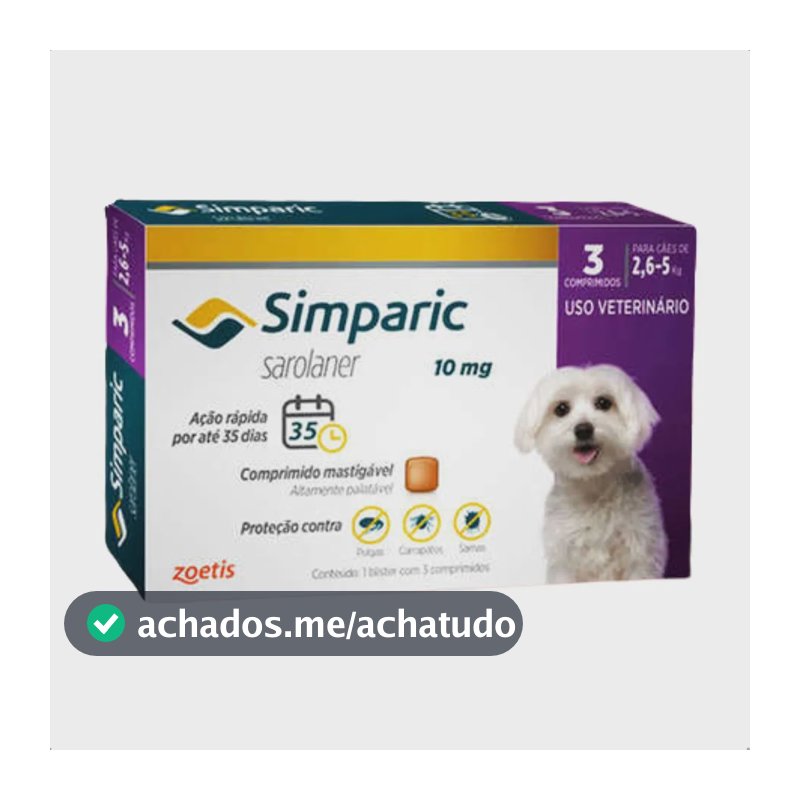 Zoetis Simparic sarolaner 10mg Com 3 Comprimidos Para Cães De 2,6kg A 5kg Roxo