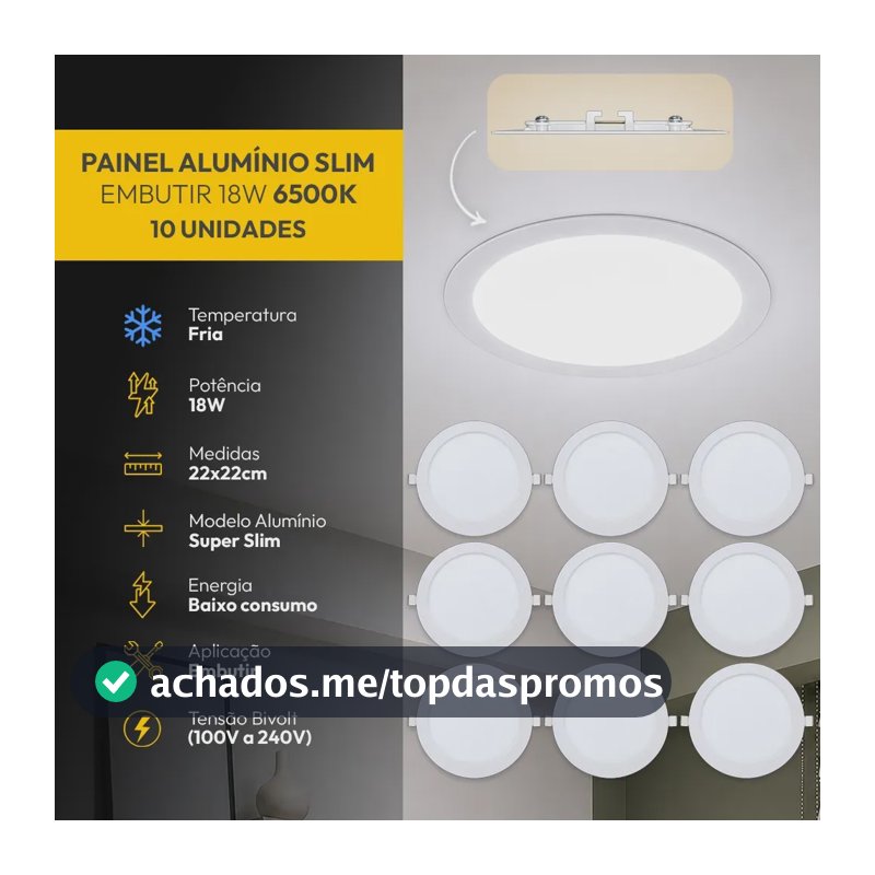 Kit 10 Painel Led Plafon Aluminio Embutir 18w 6500K Branco Frio 22cm Redondo Cod: ALUT001983-10 Alut By Avant