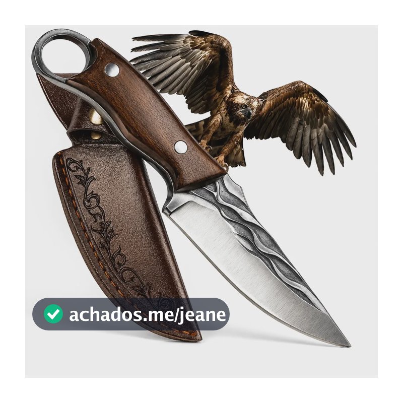 Faca Karambit 22cm Aço Inox para Churrasco, Lâmina Afiada 11cm, Cabo de Madeira Full Tang, Anel de Empunhadura, Bainha Inclusa, Ideal para Cortes de Carnes, Cozinha, Camping, Pesca e Churrasqueiro