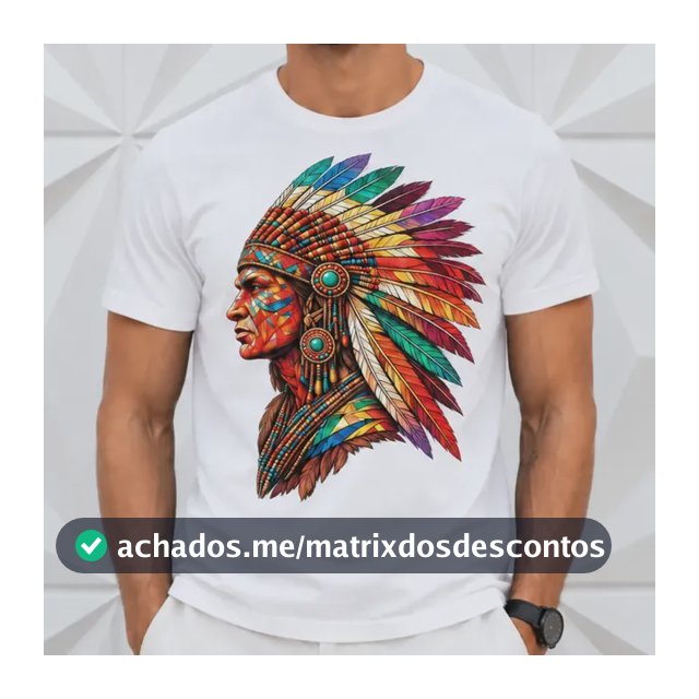 Camiseta Masculina Indígena Cocar Colorido 100% Algodão Prem Branco P Personalizado