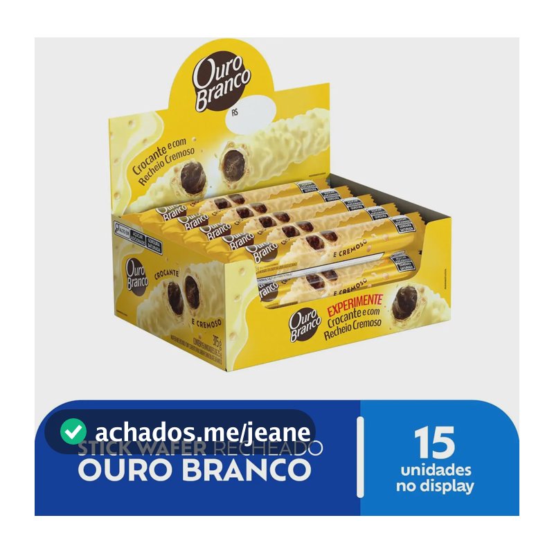 Stick Wafer Recheado Ouro Branco Sabor Chocolate Branco - Display com 15 unidades de 25g
