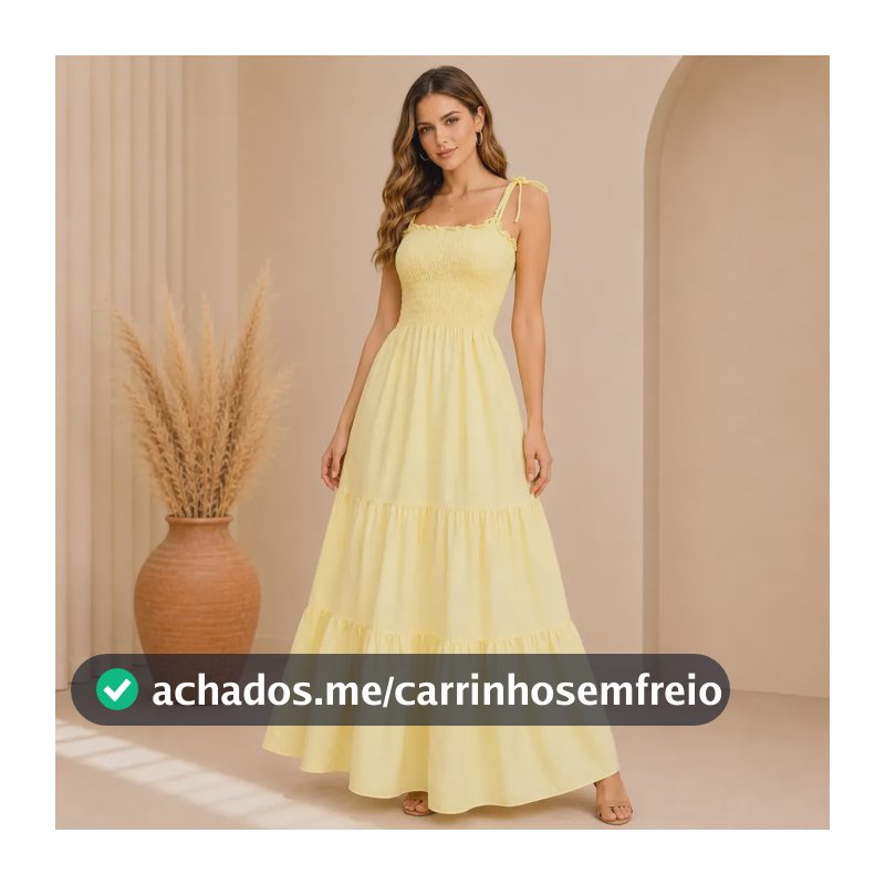 Vestido Longo Franzido Lastex, Tendência Verão Moda Femenina Amarelo Claro Un (38 - 42)