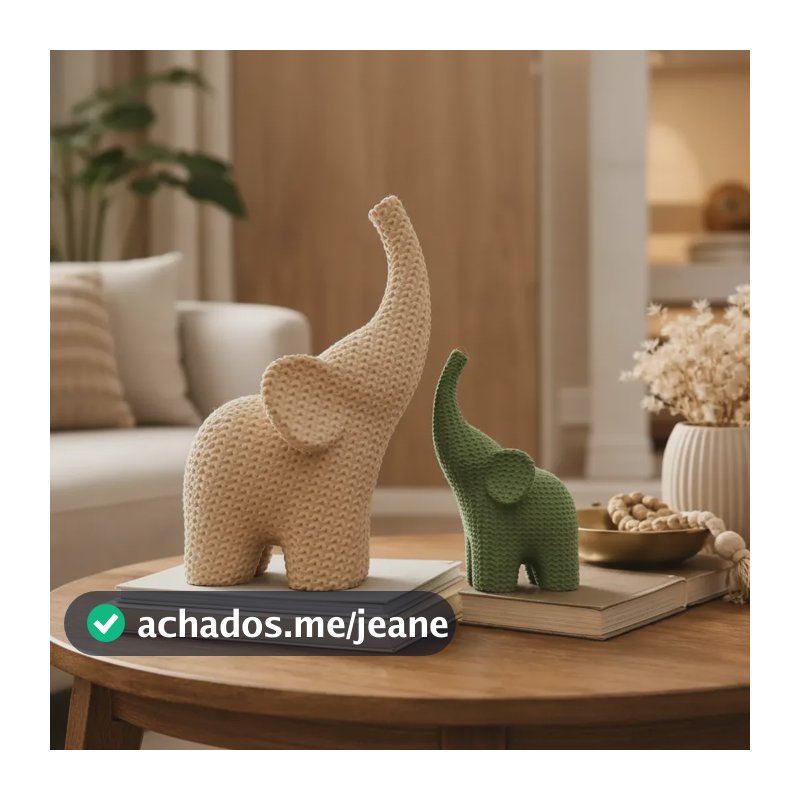 Kit 2 Elefantes Decorativo Texturizado Efeito Tricot Sala Bege E Verde