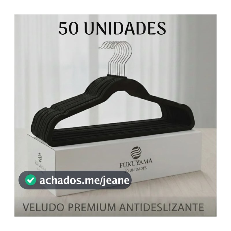 KIT 50 CABIDES DE VELUDO PRETO FUKUYAMA Com Gancho Giratório 360° Antideslizante Slim