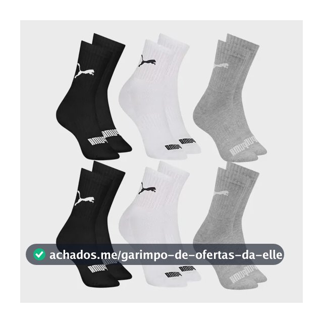 6 Pares Meias Puma Cano Médio Alto Atoalhada Academia Sport