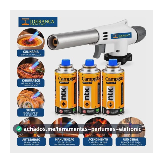 Maçarico Profissional Universal Multiuso Gourmet Portátil Com Regulagem De Chamas Kit Completo Com 3 Refil Para Chef De Cozinha Confeiteiro Flambar Solda Marca - Liderança Ferro E Aço