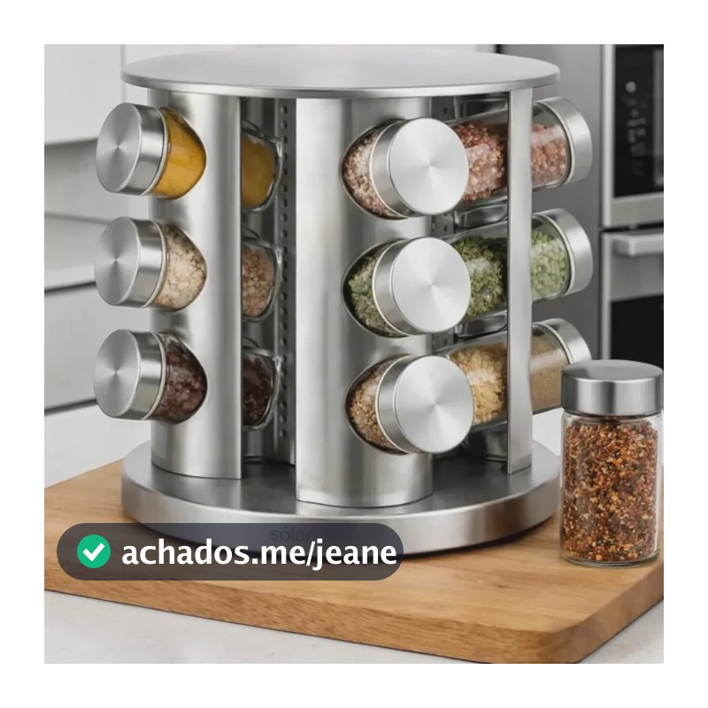 Porta Tempero Condimentos Giratório 12 Potes Inox Luxo Prata Prata