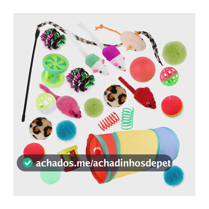 Kit Brinquedos Para Gatos Com Túnel 50cm E 24 Interativos Diversos