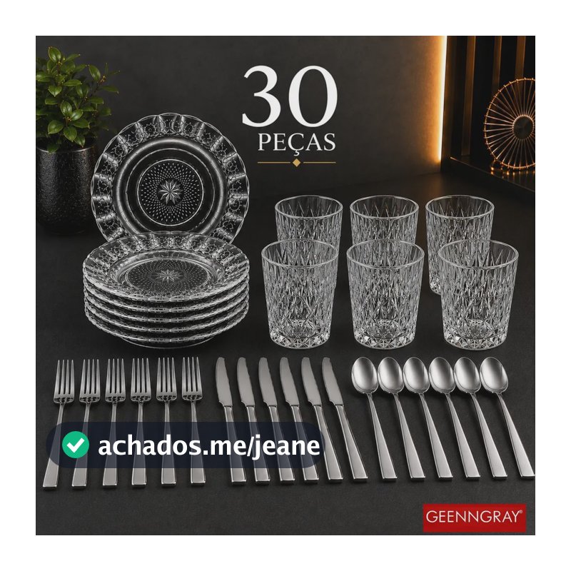 Jogo 30 Peças Aparelho Jantar Copos Diamond Pratos Talheres Transparente Diamante