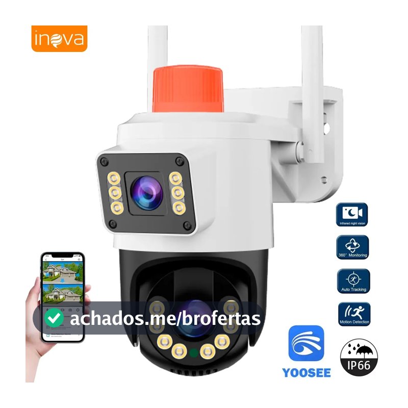 Câmera Segurança IP Wifi Full HD Ptz 360° Lente Dupla e Sirene com Audio E Microfone Visão Noturna Colorida App Yoosee IP66 Câmera Vigilância Externa Para Celular Inova