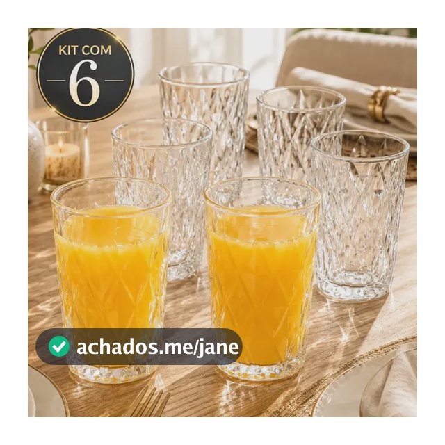 Jogo 6 Copos 400ML Grande Vidro Grosso Diamond Resistente Transparente Kit para Drink Água Suco Restaurante Diamante Sólar
