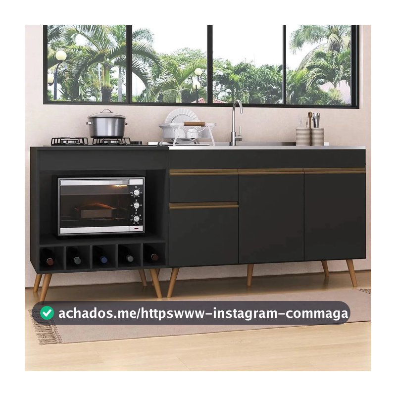 Kit Balcão de Cozinha para Pia e Balcão para Cooktop/Forno 190cm Veneza Multimóveis MP2384 Preto/Dourado