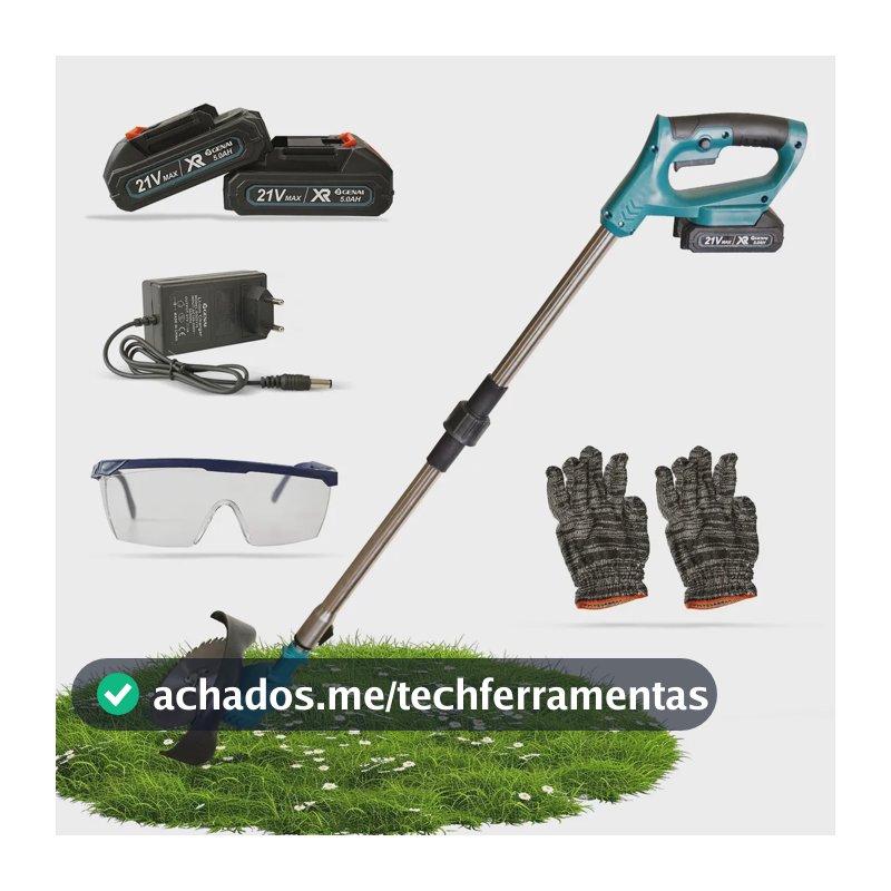Roçadeira Aparador de Cortador Elétrico 21V, Cortador de Grama com 2 Baterias, 120W, com Lâminas e Acessórios para Jardim de Gramado Poda