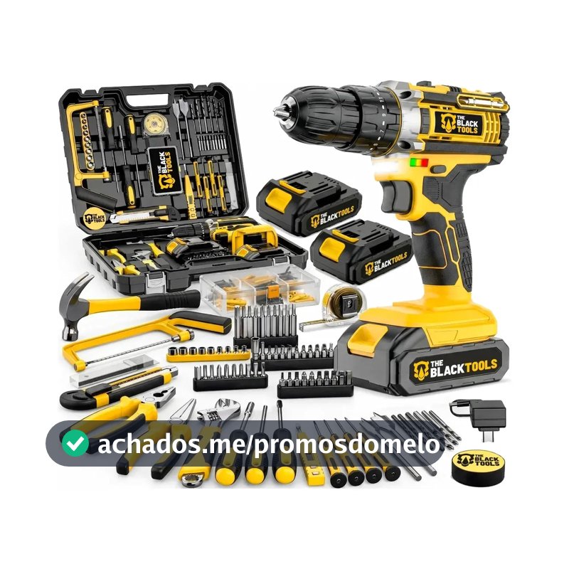 Parafusadeira Furadeira De Impacto The Black Tools Com Maleta + Kit Acessórios 147 Peças 2 Baterias Profissional Tbkit17