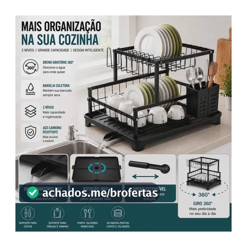 Escorredor de Louça Inox 2 Andares Preto para 16 Pratos com Bandeja e Bico Giratório 360º